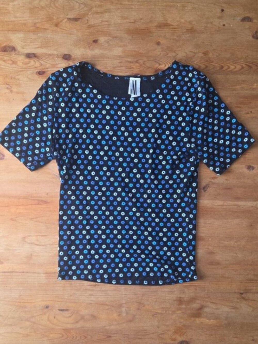 Vintage 90s Mariposa Slinky Top Neon Daisy Baby Tee Blue Puffy Paint Textured S